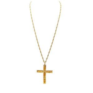 Vintage Gold-Tone Cross Pendant Necklace with Topaz-Colored Gemstone Accents